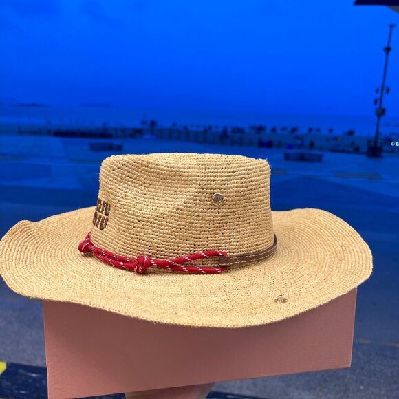 Miu Miu Women's Natural Straw Hat with Red Trim - Picture 2 of 5